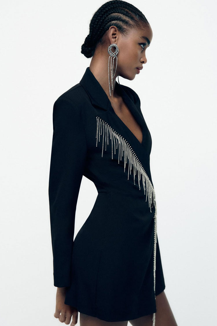Sparkly Fringe Trim Lapel Collar Long Sleeve Blazer Romper Mini Dress - Black - Romper - DYAVOR®