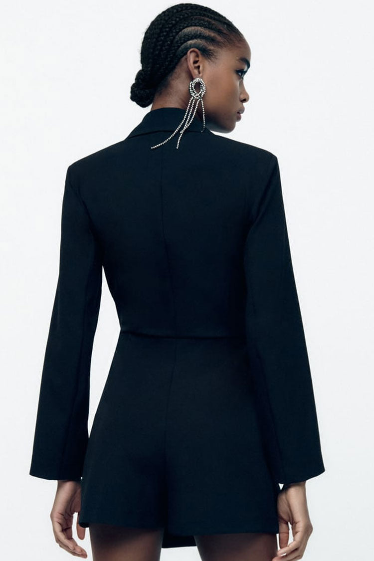 Sparkly Fringe Trim Lapel Collar Long Sleeve Blazer Romper Mini Dress - Black - Romper - DYAVOR®