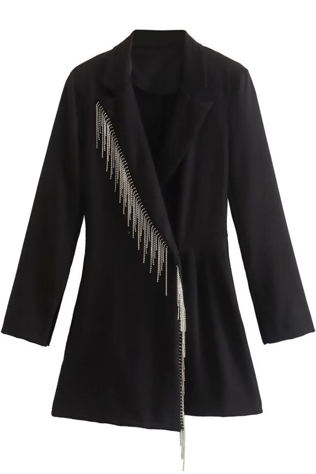 Sparkly Fringe Trim Lapel Collar Long Sleeve Blazer Romper Mini Dress - Black - Romper - DYAVOR®