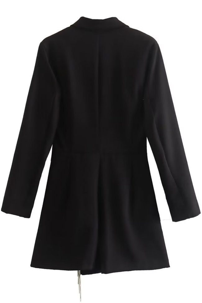 Sparkly Fringe Trim Lapel Collar Long Sleeve Blazer Romper Mini Dress - Black - Romper - DYAVOR®