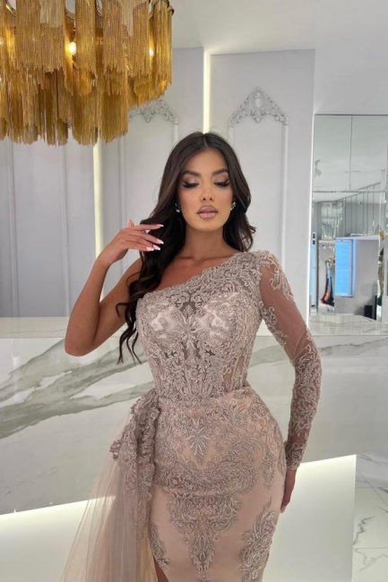Split Front Column One Shoulder Tulle Long Sleeve Prom Dresses with Appliques - Prom Dresses - DYAVOR®