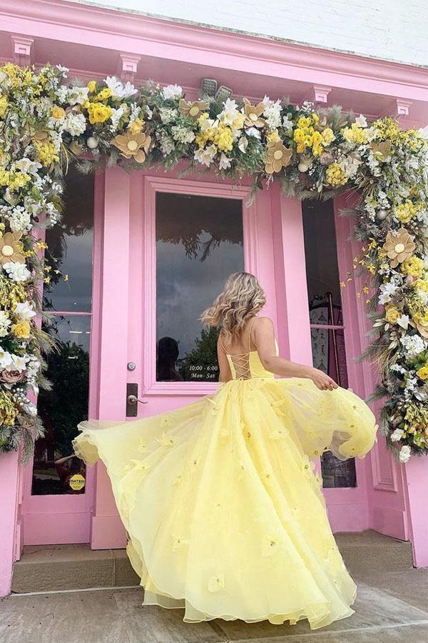 Imani | Straps Tulle Bodice 3D Flowers With Back Lace Up Yellow Prom Dress - Prom Dress - DYAVOR®
