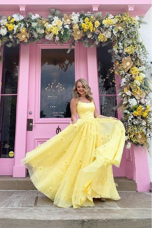 Imani | Straps Tulle Bodice 3D Flowers With Back Lace Up Yellow Prom Dress - Prom Dress - DYAVOR®