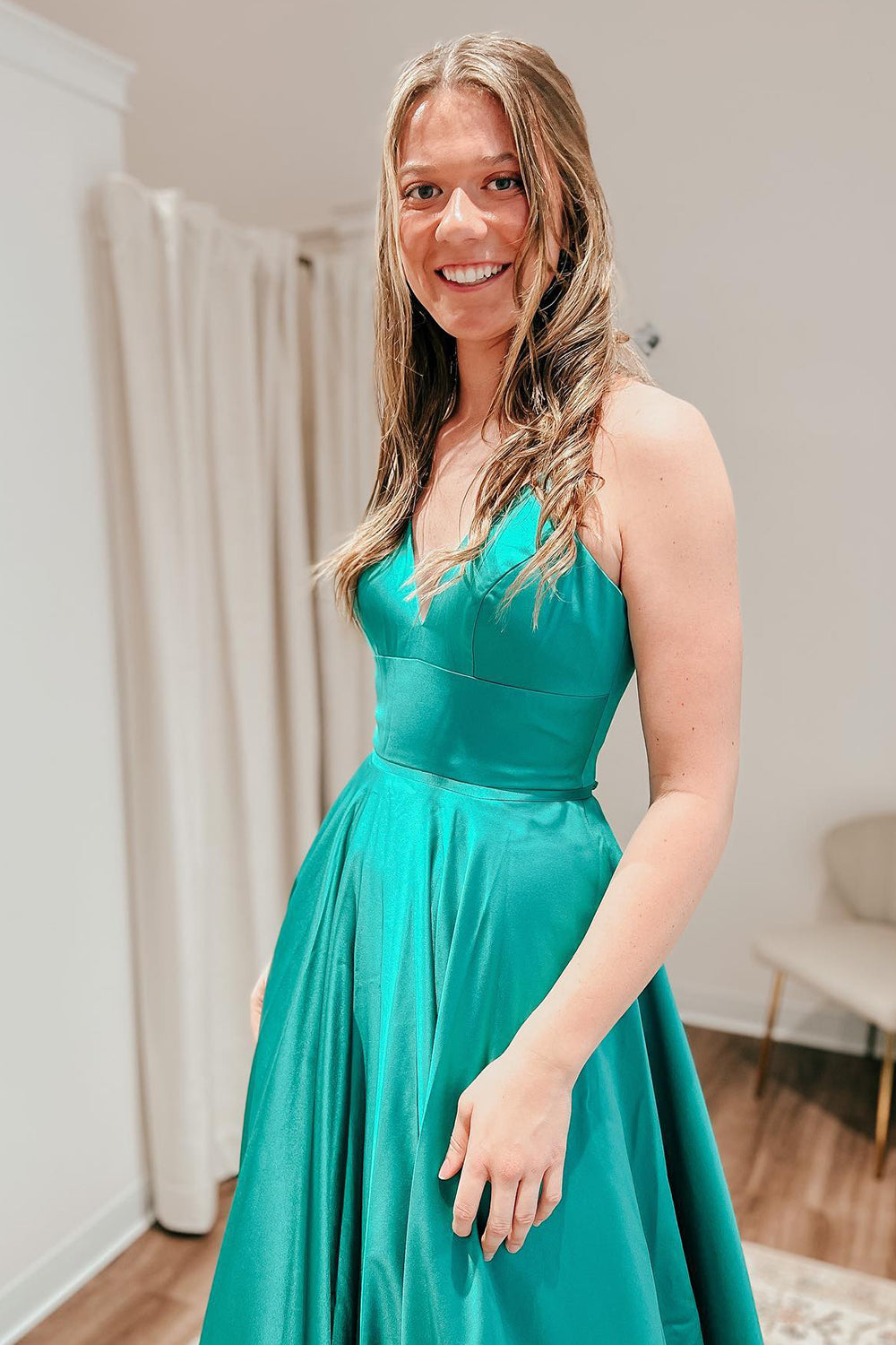 Rosie |A Line Spaghetti Straps Satin Prom Dress with Slit - Prom Dress - DYAVOR®