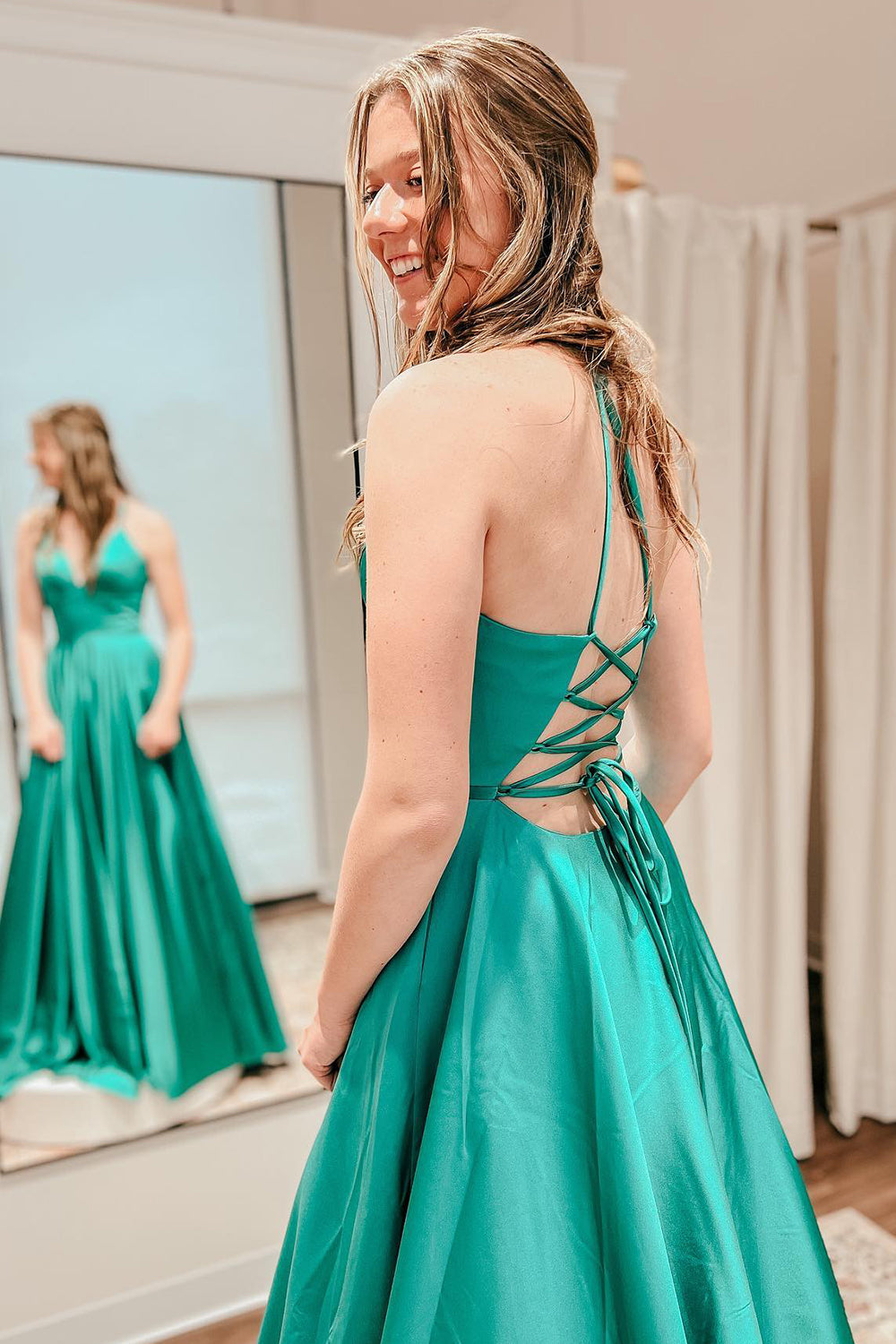 Rosie |A Line Spaghetti Straps Satin Prom Dress with Slit - Prom Dress - DYAVOR®