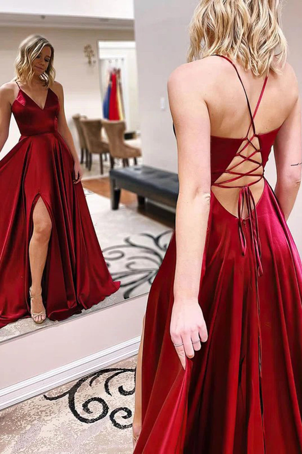 Rosie |A Line Spaghetti Straps Satin Prom Dress with Slit - Prom Dress - DYAVOR®