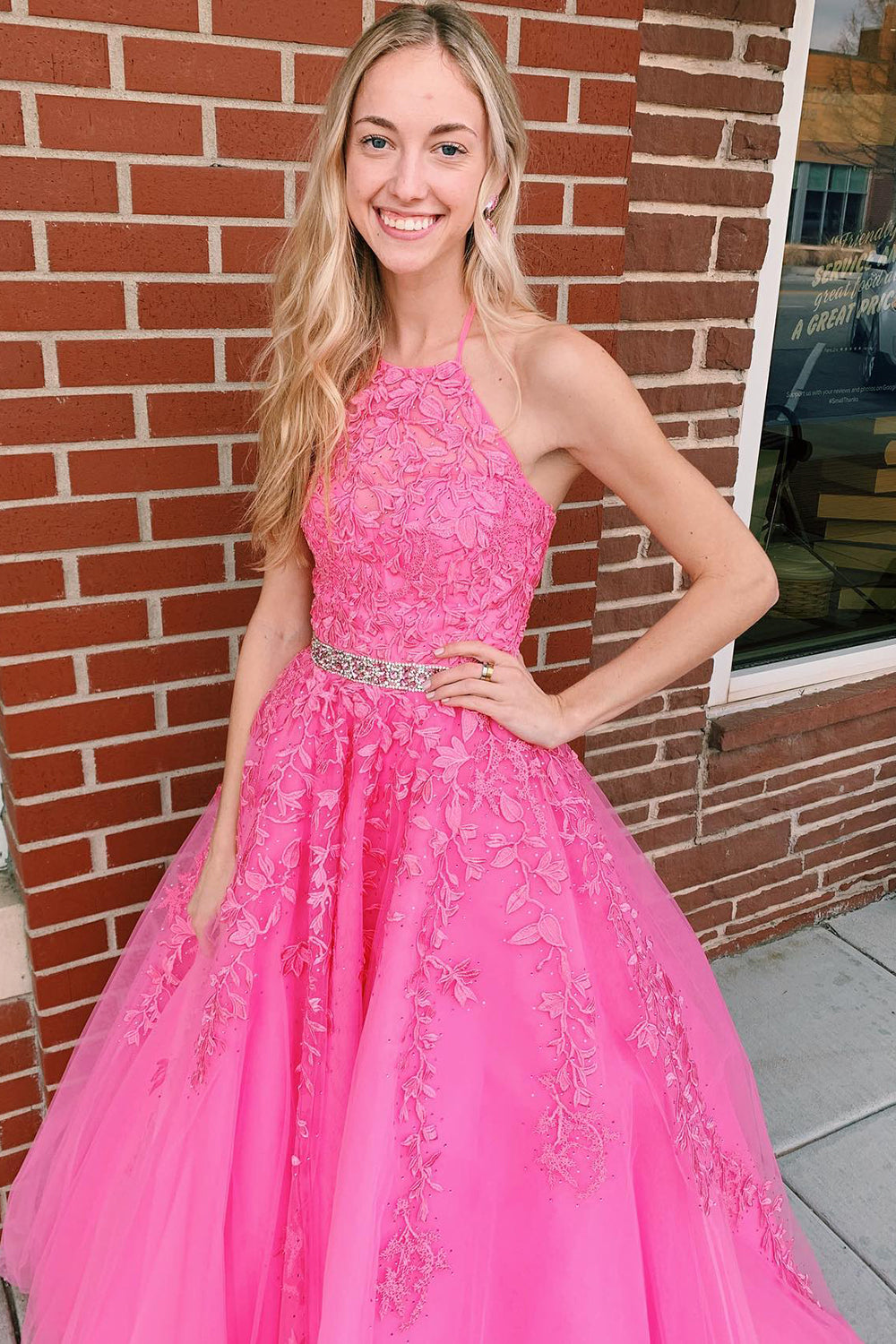Nyla |A-line Hot Pink Halter Tulle Prom Dress With Appliques - Prom Dress - DYAVOR®