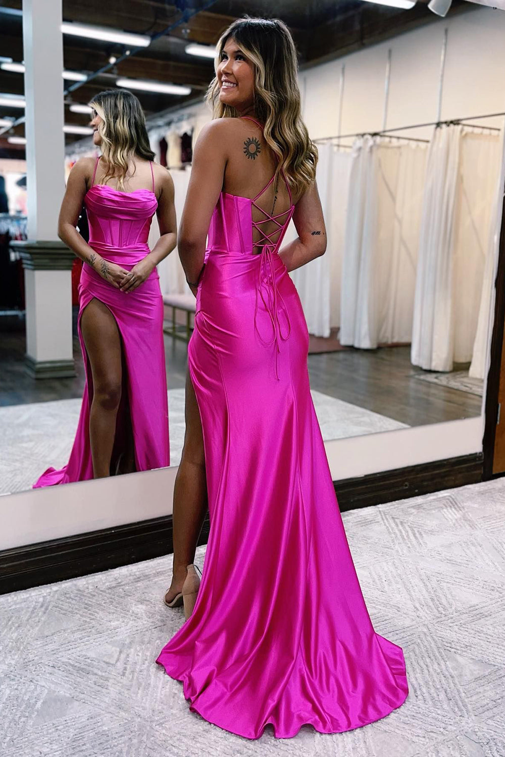 Aaliyah| Hot Pink Spaghetti Straps Satin Mermaid Prom Dress with Slit - Prom Dress - DYAVOR®