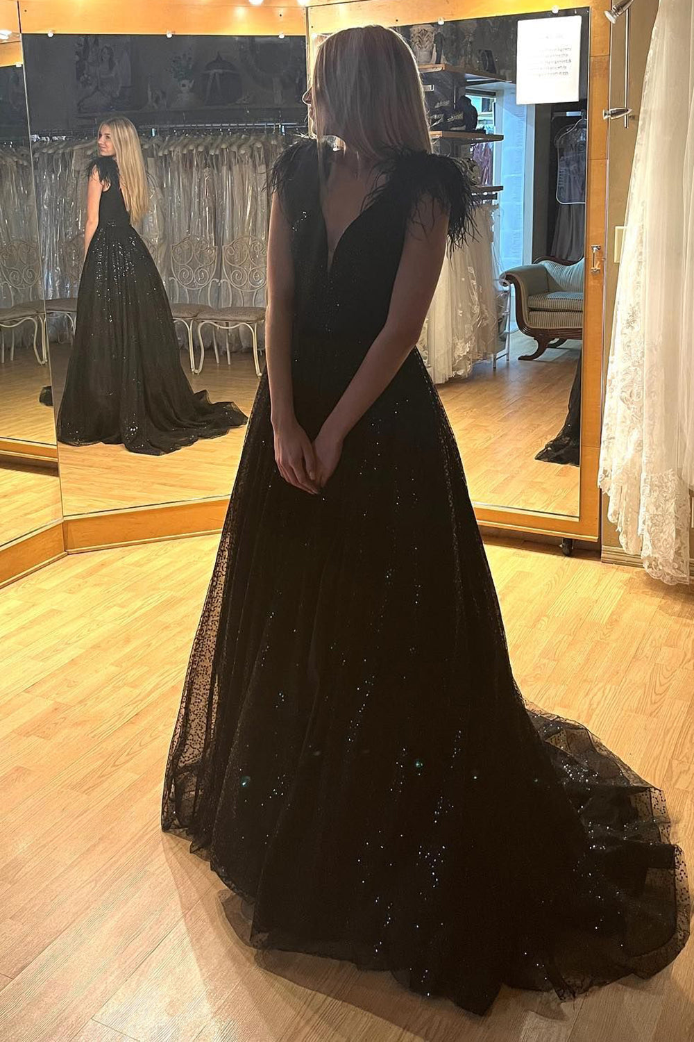 Carolina |A-Line V Neck Sequined Tulle Prom Dress with Slit - Prom Dress - DYAVOR®
