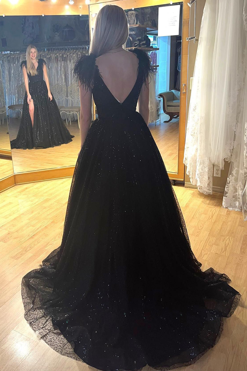Carolina |A-Line V Neck Sequined Tulle Prom Dress with Slit - Prom Dress - DYAVOR®