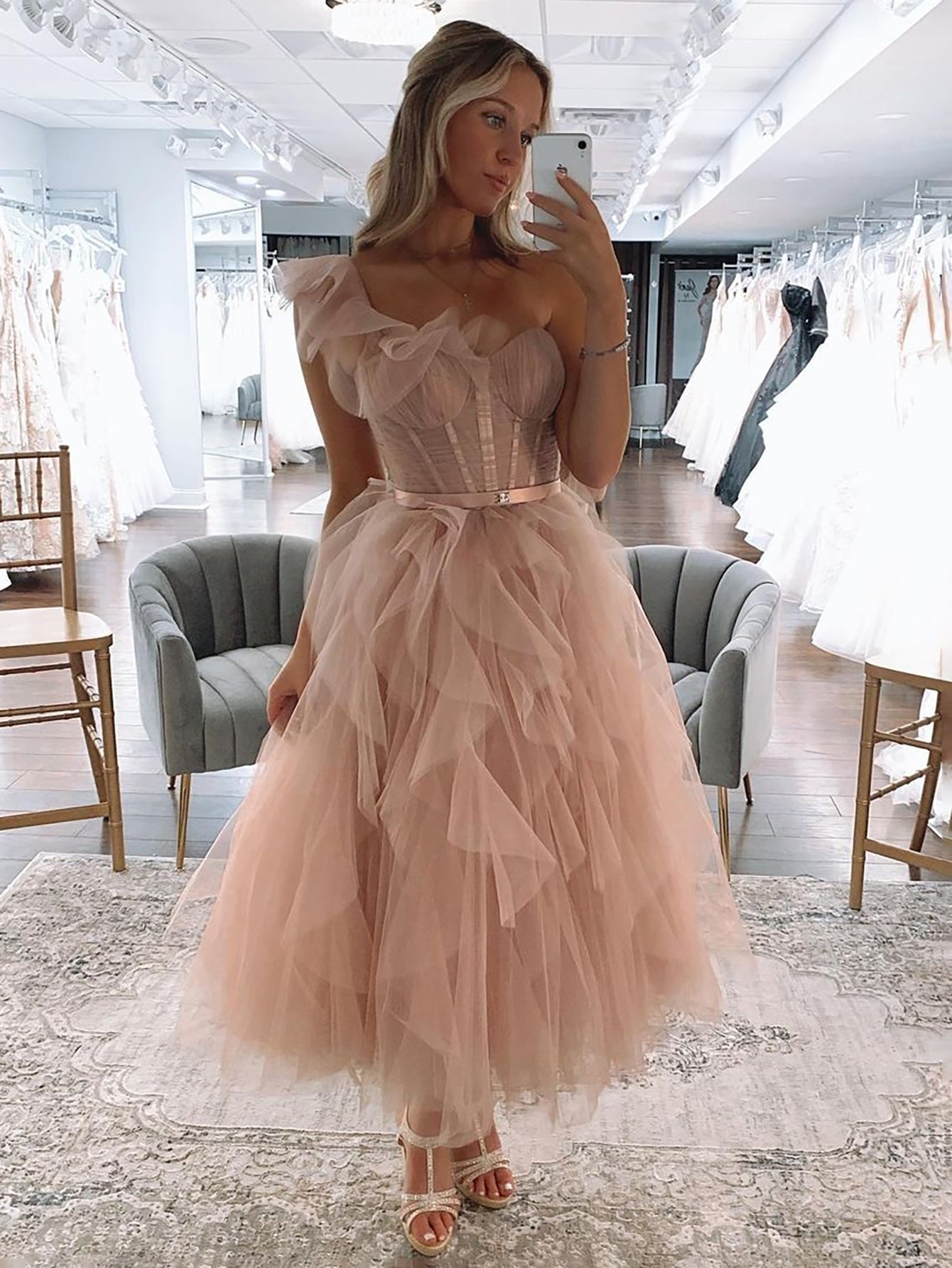 Addie | One Shoulder Blush Tulle A Line Long Prom Dress - Prom Dress - DYAVOR®