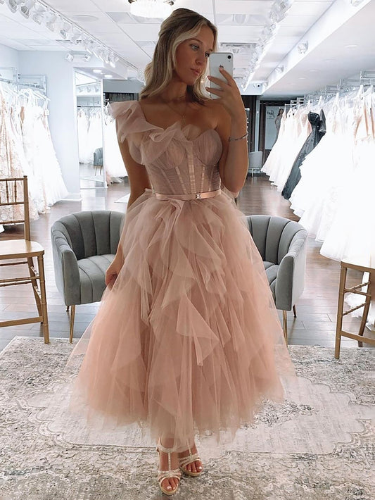 Addie | One Shoulder Blush Tulle A Line Long Prom Dress - Prom Dress - DYAVOR®