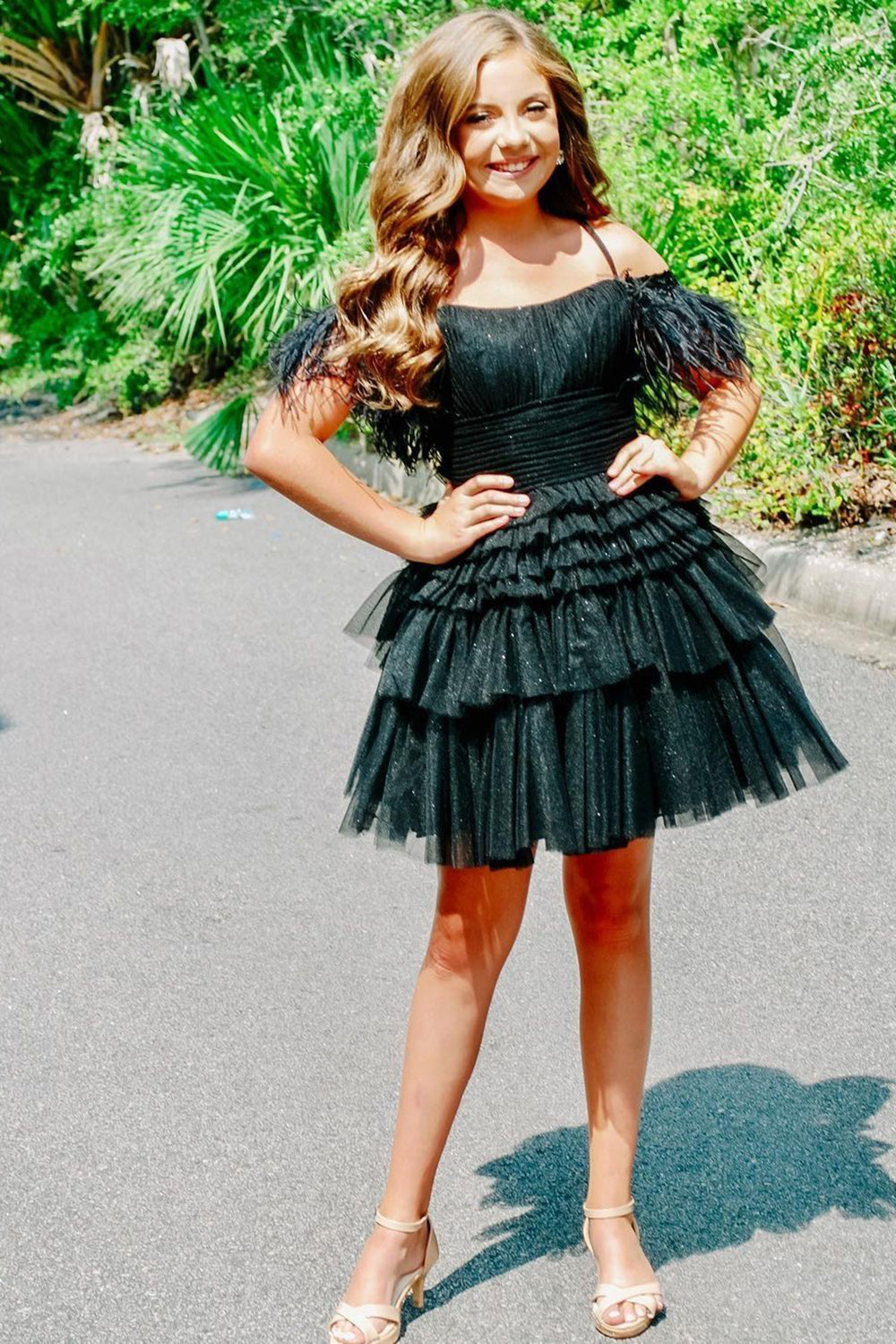 Thea |A Line Pink Glitter Tulle Homecoming Dress with Feather - Homecoming Dress - DYAVOR®