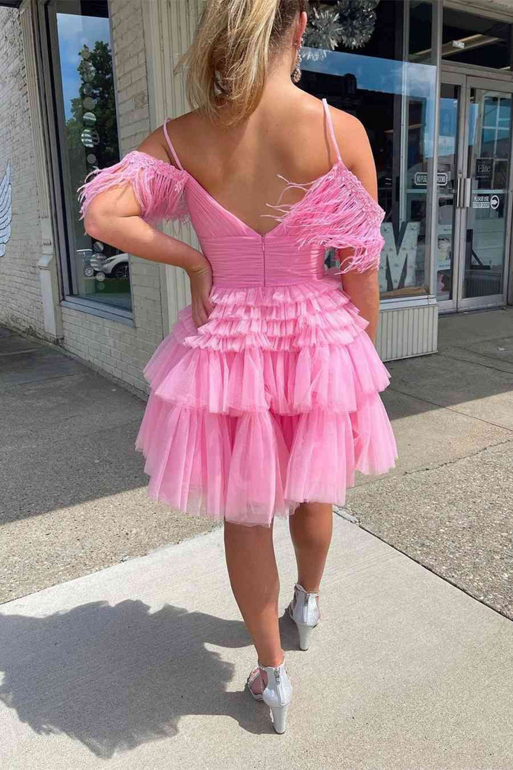 Thea |A Line Pink Glitter Tulle Homecoming Dress with Feather - Homecoming Dress - DYAVOR®