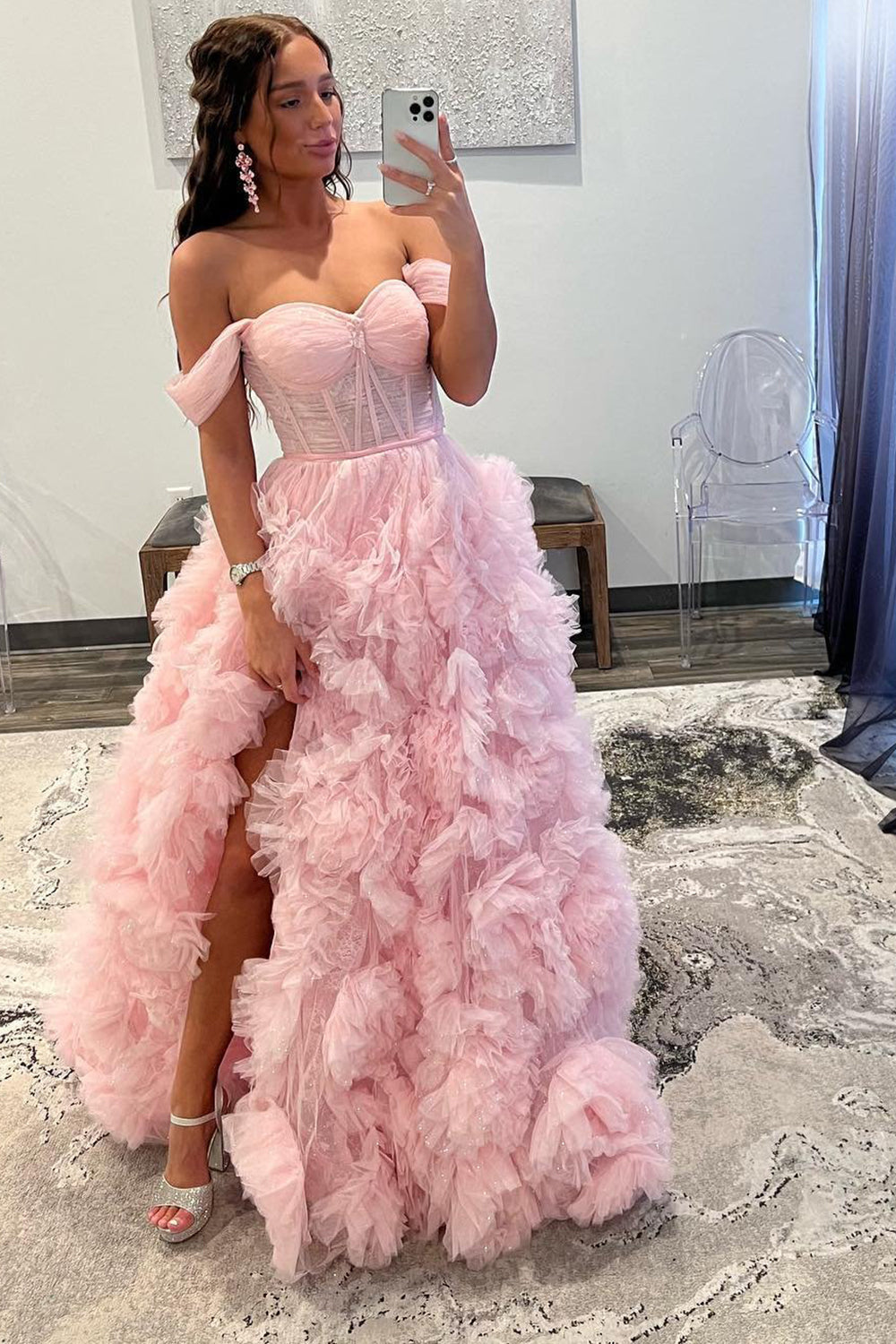 Kenia |A Line Off the Shoulder Ruffled Tulle Prom Dress with Slit - Prom Dress - DYAVOR®