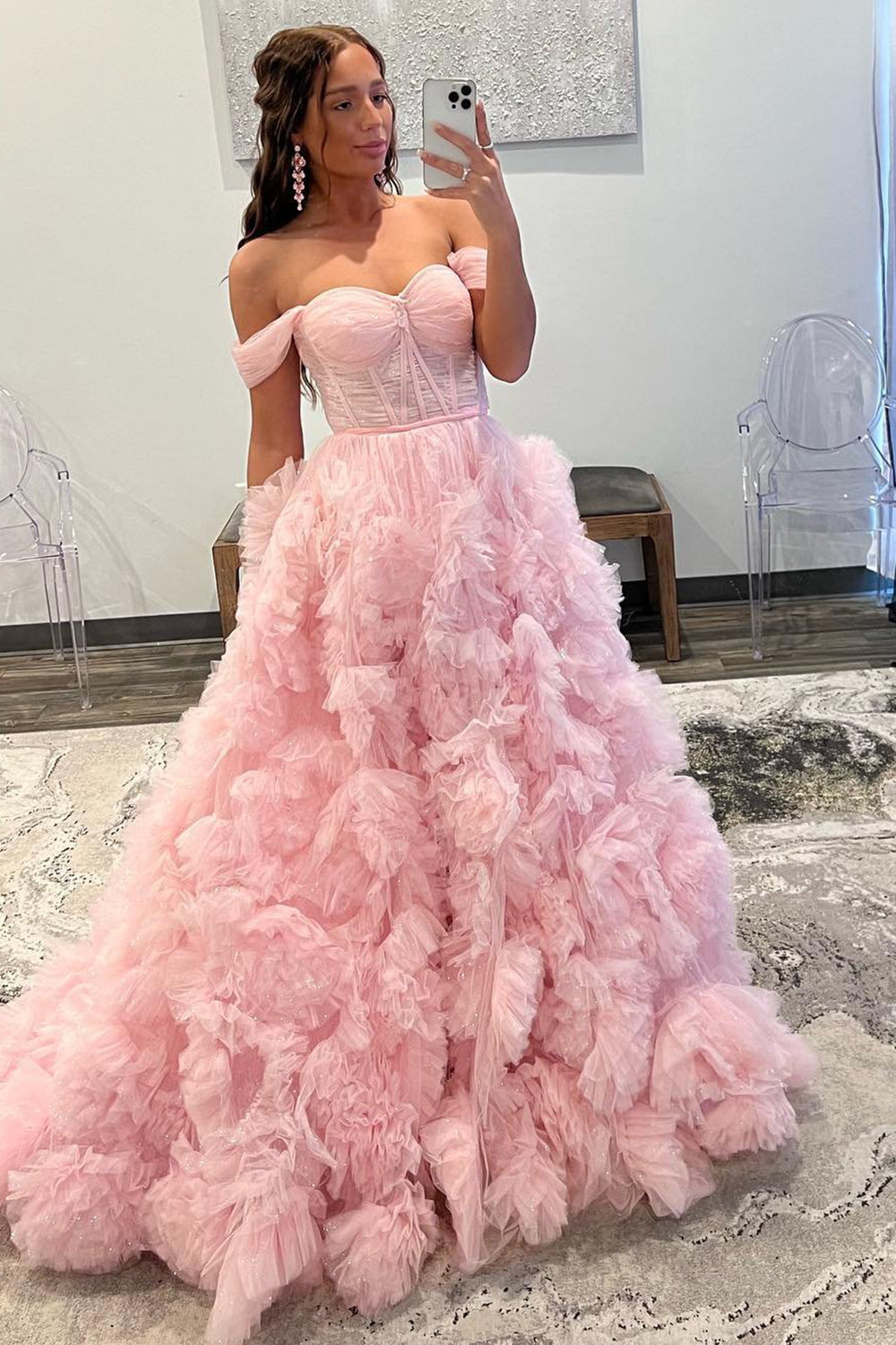 Kenia |A Line Off the Shoulder Ruffled Tulle Prom Dress with Slit - Prom Dress - DYAVOR®