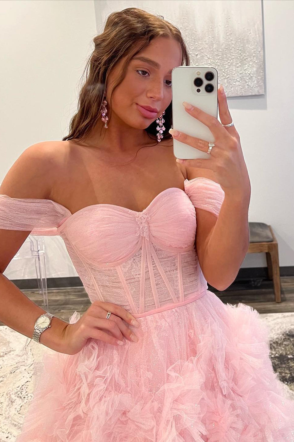 Kenia |A Line Off the Shoulder Ruffled Tulle Prom Dress with Slit - Prom Dress - DYAVOR®