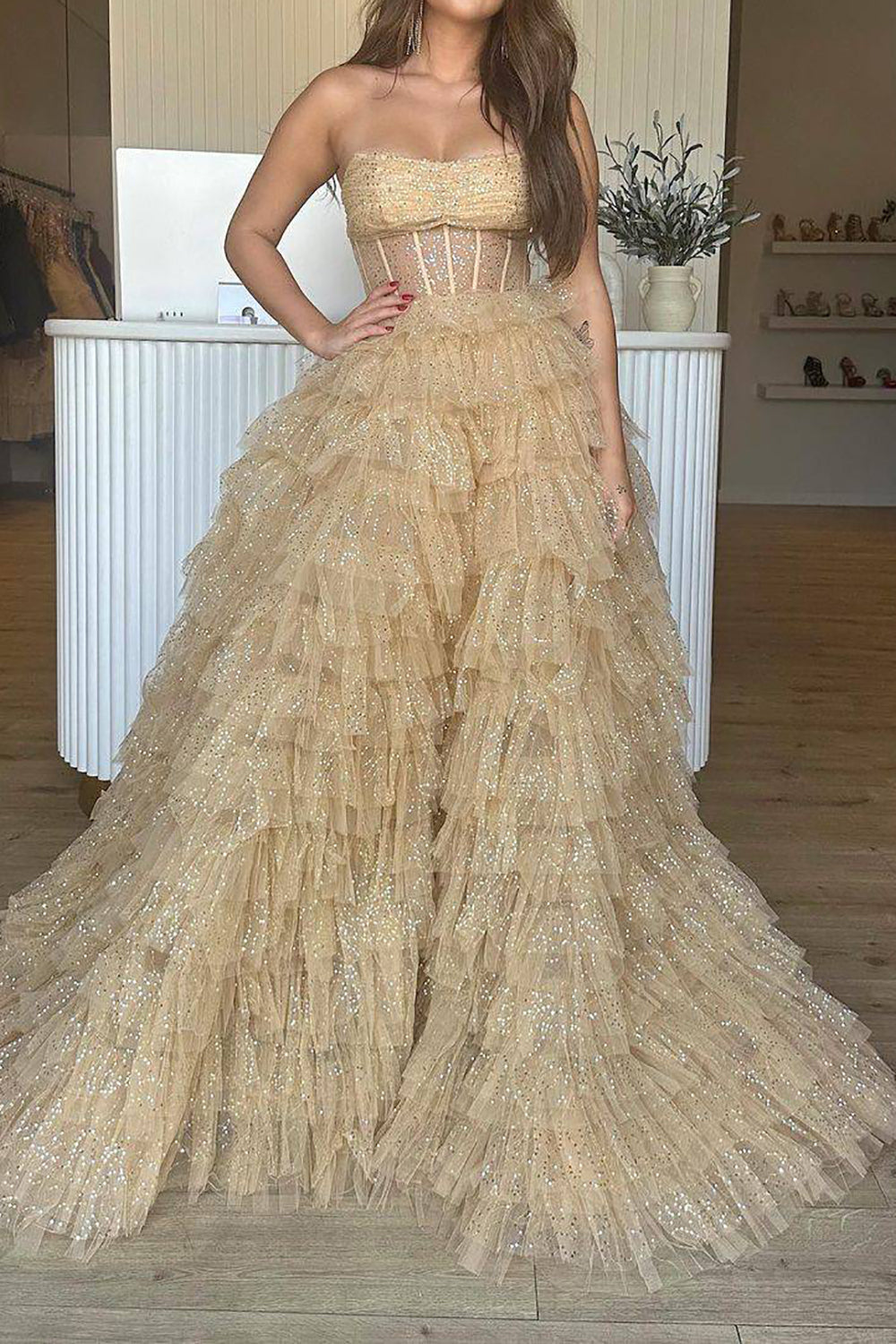 Aubriella |A Line Strapless Corset Glitter Tulle Prom Dress with Ruffles - Prom Dress - DYAVOR®