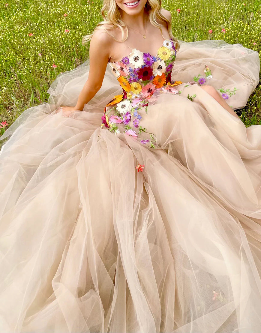 Adeline | Champagne A Line Sweetheart Flower Long Prom Dress With Appliques - Prom Dress - DYAVOR®