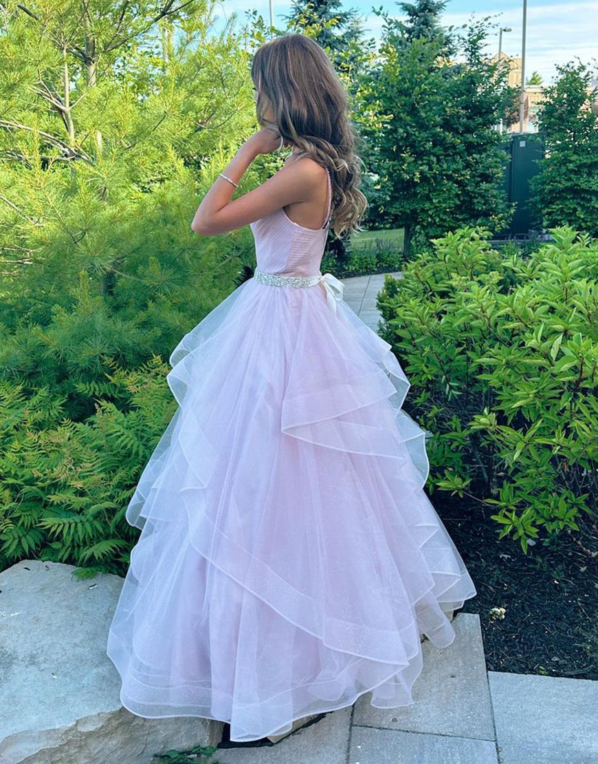 Salem |A-Line V-Neck Ruffled Tulle Prom Dress With Belt - Prom Dress - DYAVOR®