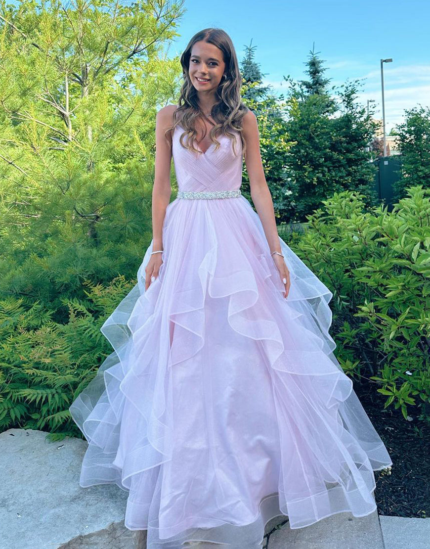 Salem |A-Line V-Neck Ruffled Tulle Prom Dress With Belt - Prom Dress - DYAVOR®