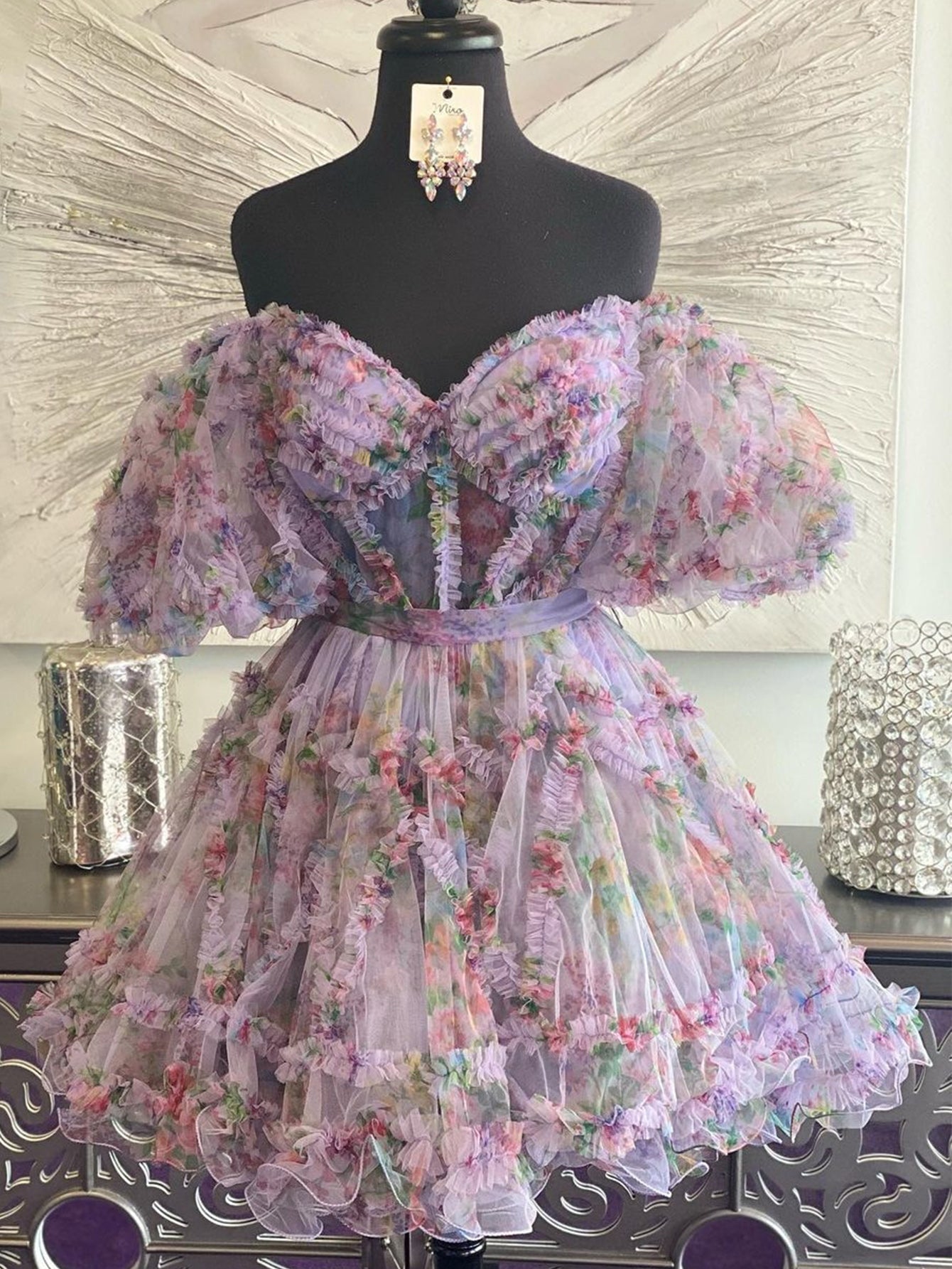 Ivana | Light Purple A Line Off the Shoulder Floral Printed Homecoming Dress - Homecoming Dress - DYAVOR®