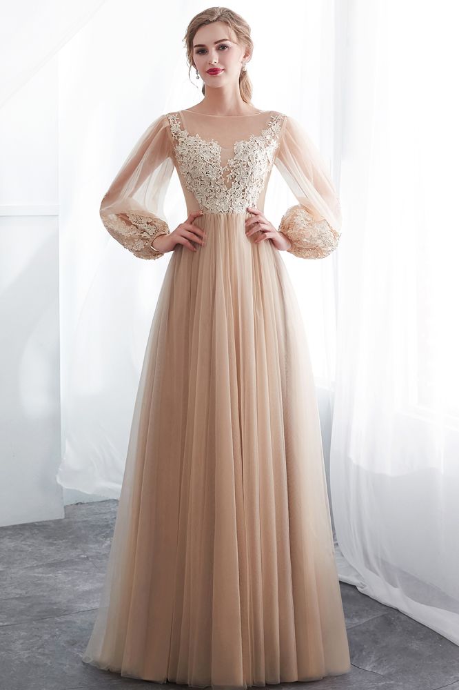 A-line Long Sleeves Appliques Tulle Champagne Evening Dress - Prom Dresses - DYAVOR®