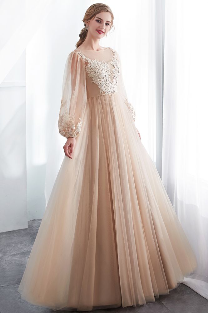 A-line Long Sleeves Appliques Tulle Champagne Evening Dress - Prom Dresses - DYAVOR®