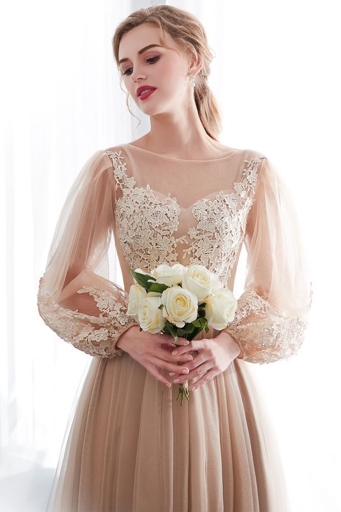 A-line Long Sleeves Appliques Tulle Champagne Evening Dress - Prom Dresses - DYAVOR®