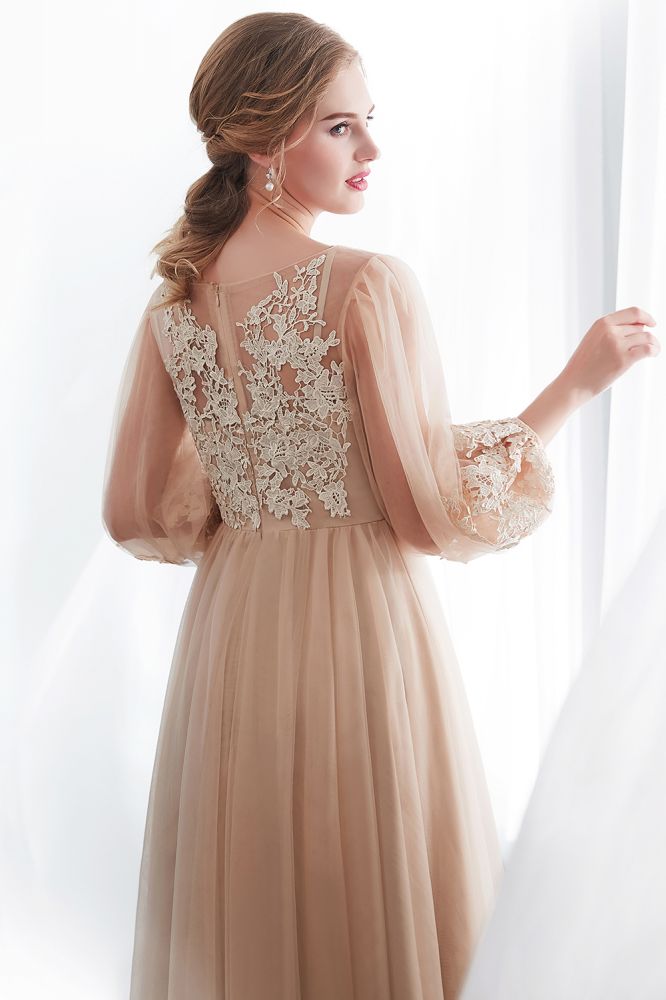 A-line Long Sleeves Appliques Tulle Champagne Evening Dress - Prom Dresses - DYAVOR®