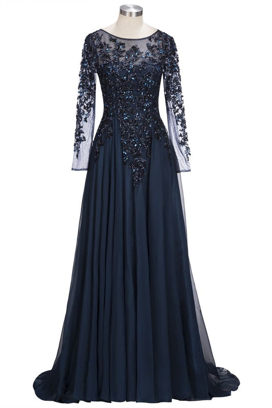 A-line Long Sleeves Plus Size Floor Length Crystals Tulle Prom Dresses - Prom Dresses - DYAVOR®