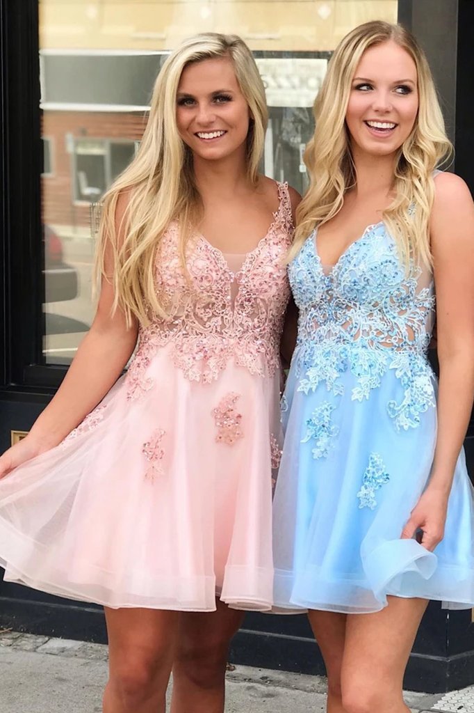 Lucinda |A Line V Neck Tulle Homecoming Dress with Appliques - Homecoming Dress - DYAVOR®