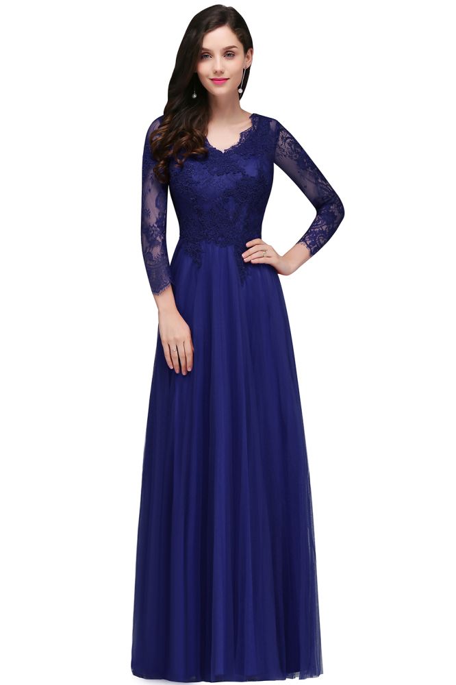 A-line V-neck Long Sleeves Lace Tulle Backless Prom Dresses - Prom Dresses - DYAVOR®