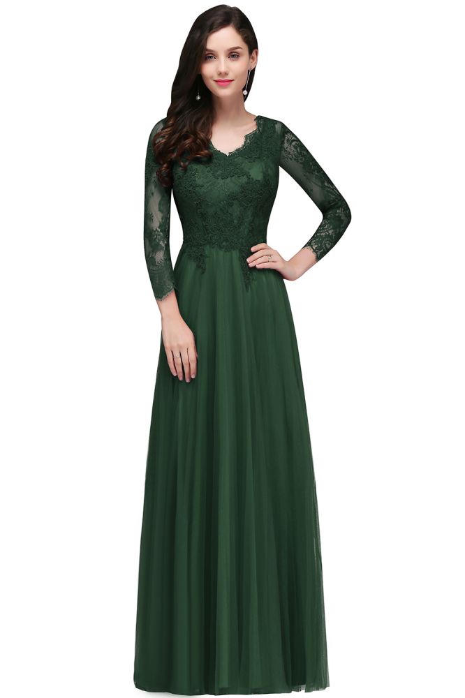 A-line V-neck Long Sleeves Lace Tulle Backless Prom Dresses - Prom Dresses - DYAVOR®