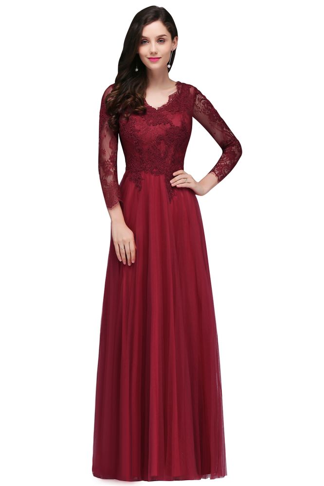 A-line V-neck Long Sleeves Lace Tulle Backless Prom Dresses - Prom Dresses - DYAVOR®