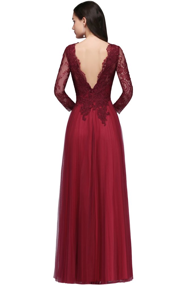 A-line V-neck Long Sleeves Lace Tulle Backless Prom Dresses - Prom Dresses - DYAVOR®