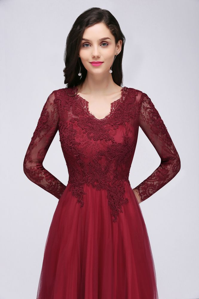 A-line V-neck Long Sleeves Lace Tulle Backless Prom Dresses - Prom Dresses - DYAVOR®