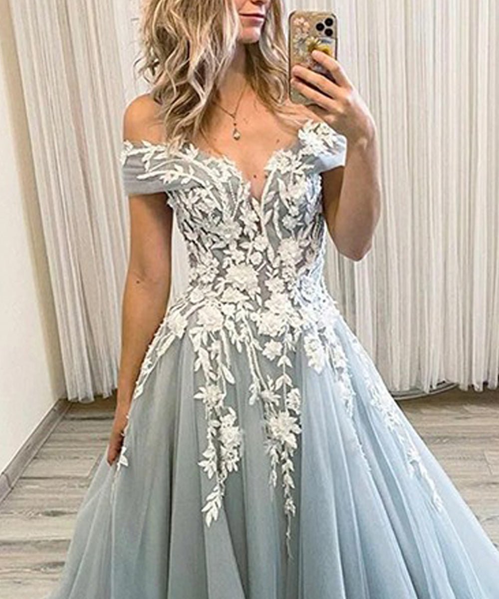 Maci | A-Line Tulle Applique Off-the-Shoulder Sleeveless Sweep/Brush Train Dresses - Prom Dress - DYAVOR®