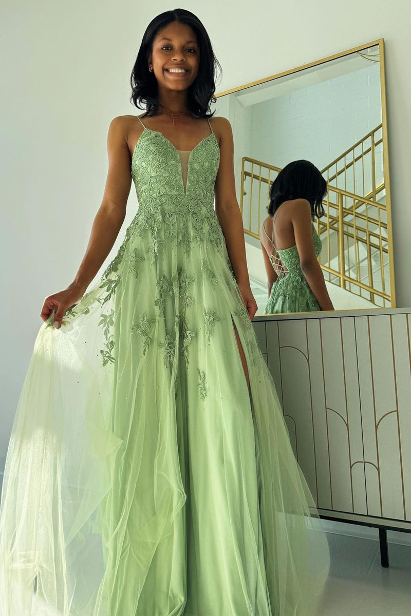 Sage Green V Neck Tulle A-Line Long Prom Dresses with Appliques - Prom Dress - DYAVOR®
