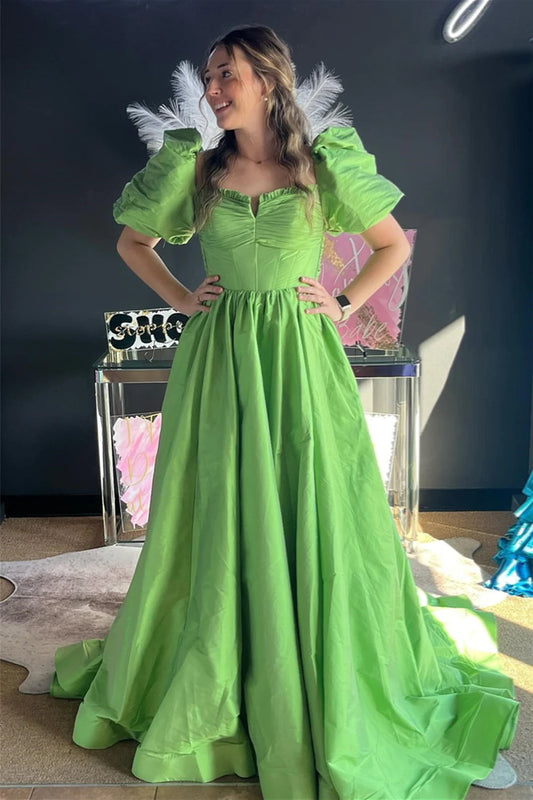 Aurora | Green Ruffled Puff Sleeves Satin Long Prom Dress - Prom Dress - DYAVOR®