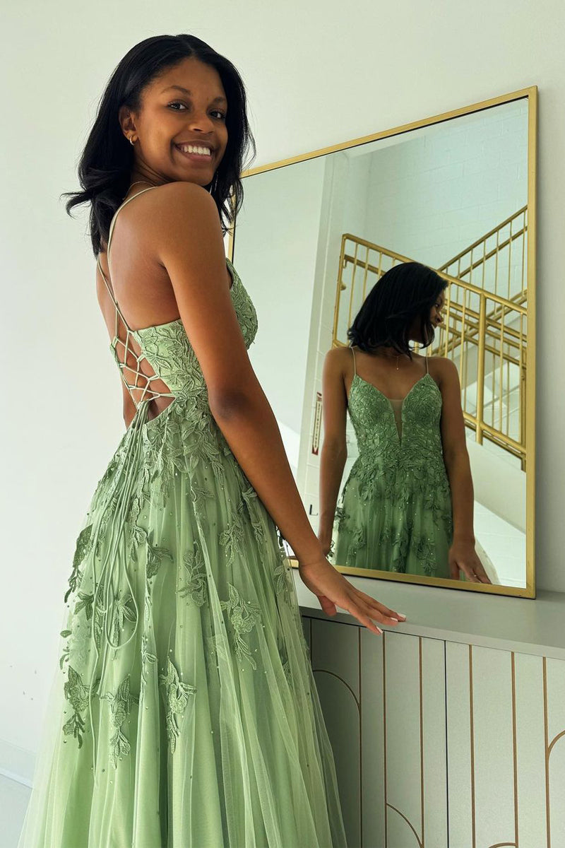 Sage Green V Neck Tulle A-Line Long Prom Dresses with Appliques - Prom Dress - DYAVOR®