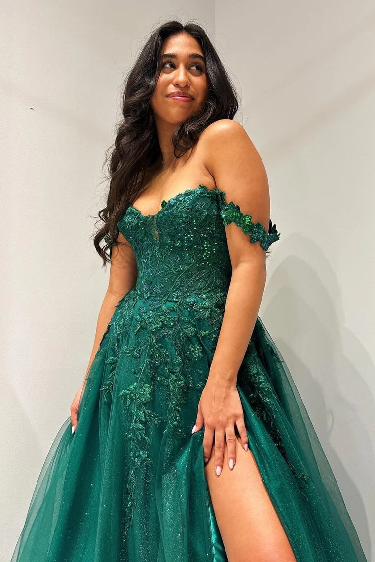 Elliana | Glitter Emerald Appliques Off-the-Shoulder A-Line Long Prom Dress - Prom Dress - DYAVOR®