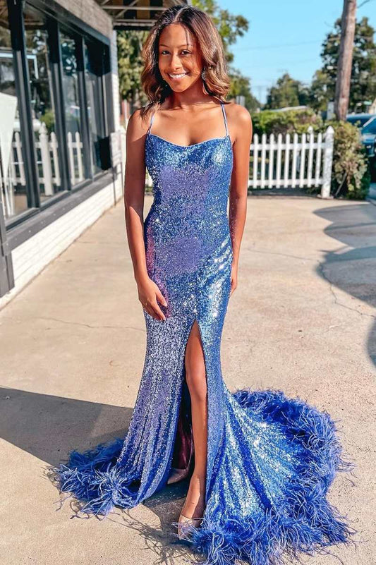 Annie | Blue Sequin Feather Lace-Up Back Mermaid Long Prom Dress with Slit - Prom Dress - DYAVOR®