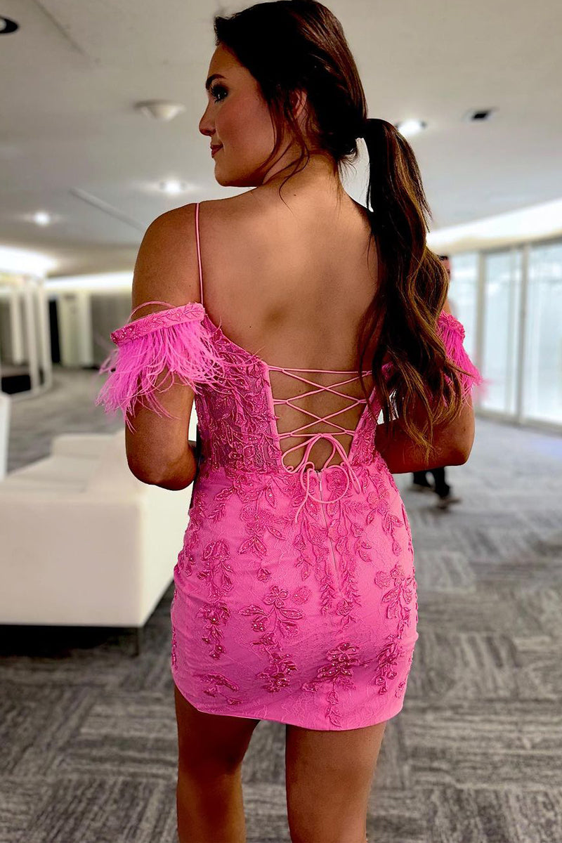 Queenie |Sheath Off the Shoulder Pink Lace Homecoming Dress - Homecoming Dress - DYAVOR®