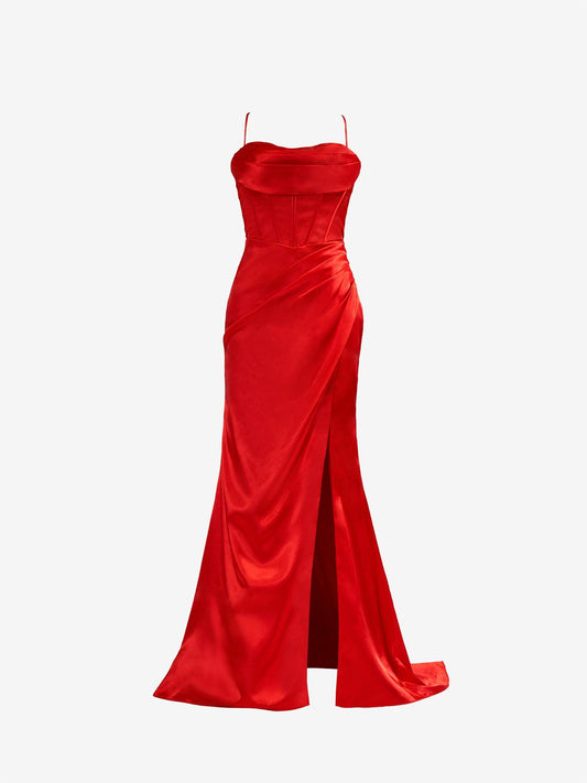 Aaliyah| Red Spaghetti Straps Satin Mermaid Prom Dress with Slit - Prom Dress - DYAVOR®