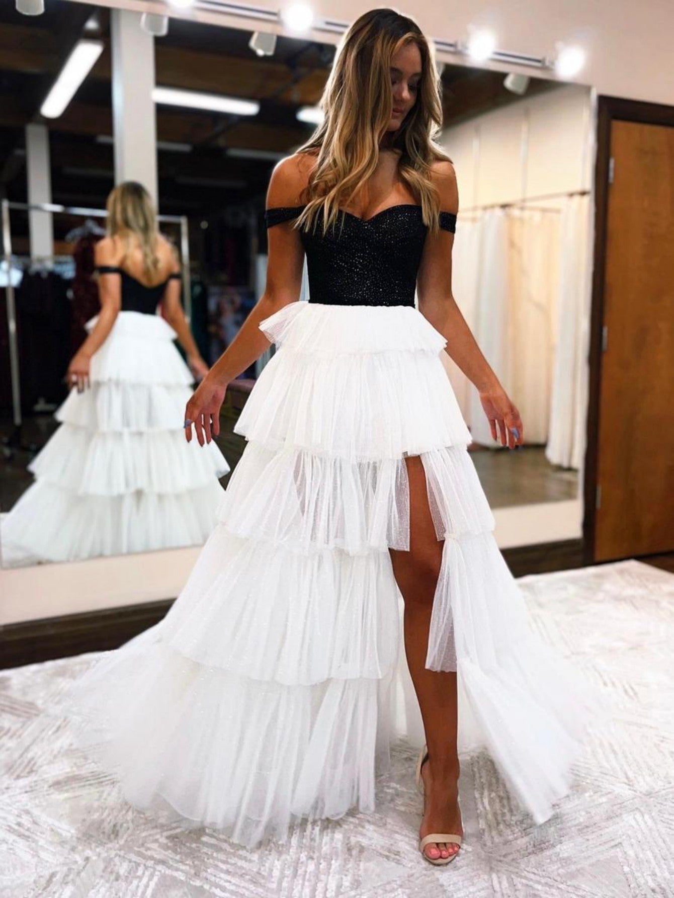 Black And White A-Line Strapless Tiered Long Prom Dress - Prom Dress - DYAVOR®