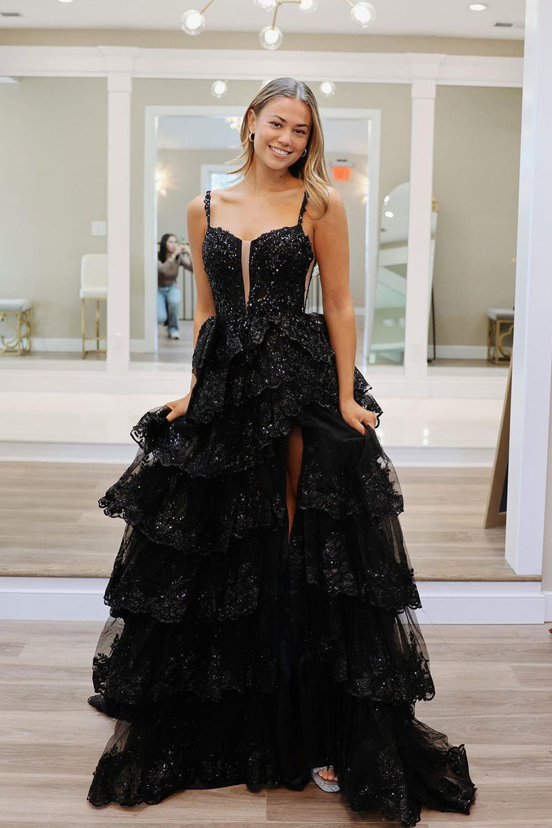 Martha | Straps Fuchsia Sequin Layered Formal Dress with Slit - Prom Dresses - DYAVOR®