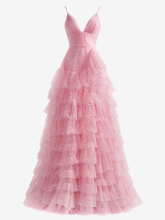 Alianna | Light Pink A-Line Tiered Spaghetti Straps Tulle Prom Dress - Prom Dress - DYAVOR®