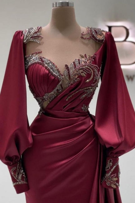 Amazing Long Burgundy Mermaid Beading Lace Prom Dresses with Long Sleeves - Prom Dresses - DYAVOR®