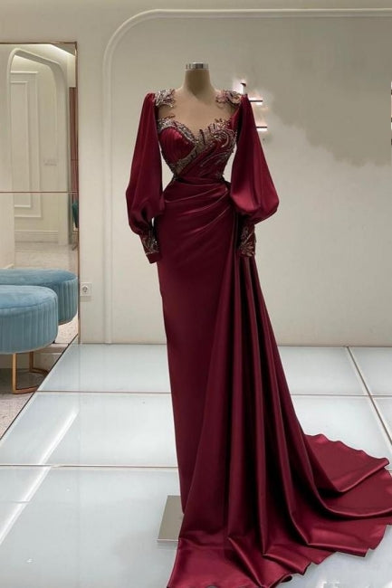 Amazing Long Burgundy Mermaid Beading Lace Prom Dresses with Long Sleeves - Prom Dresses - DYAVOR®